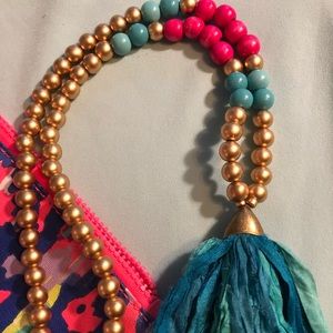Pink and Teal Beaded Tassel Necklace